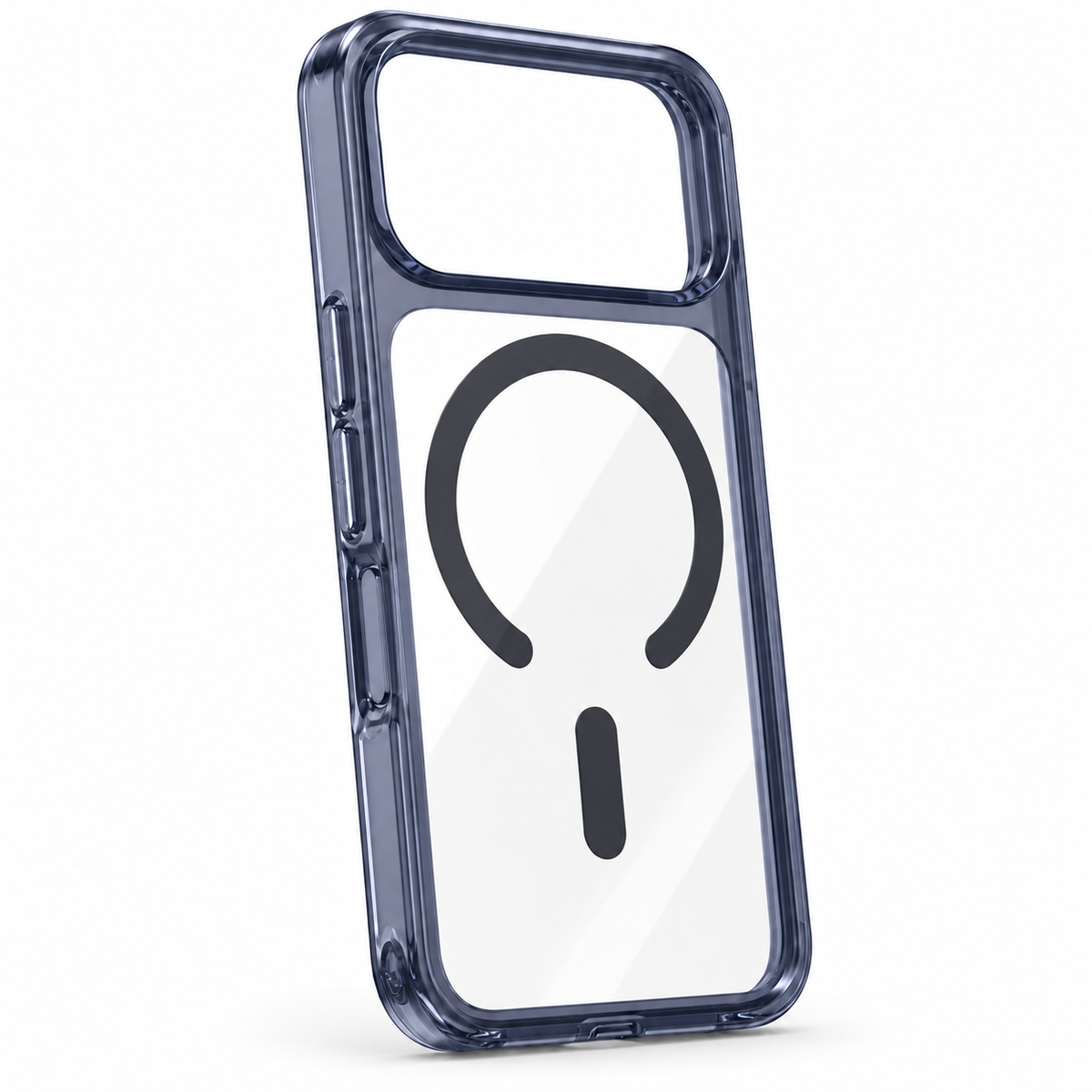 Clear Magnetic iPhone Case with Dark Contoured Edges — Angled back view of clear case with smoky contoured frame and magnetic ring