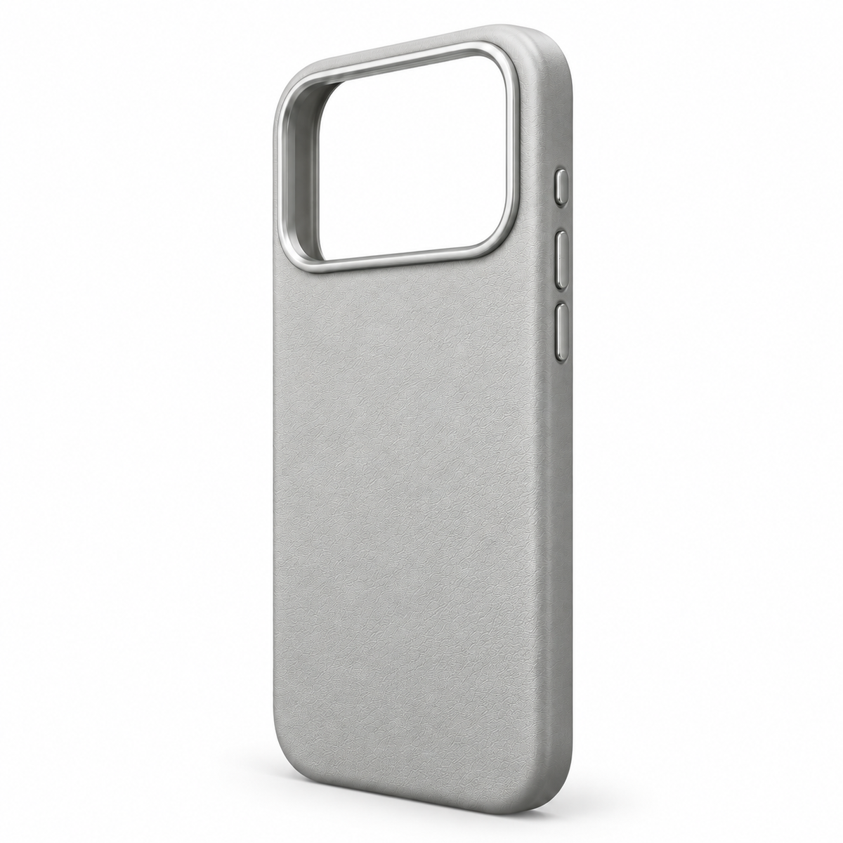 Gray Textured iPhone Case with Metallic-Tone Accents — rear three-quarter view