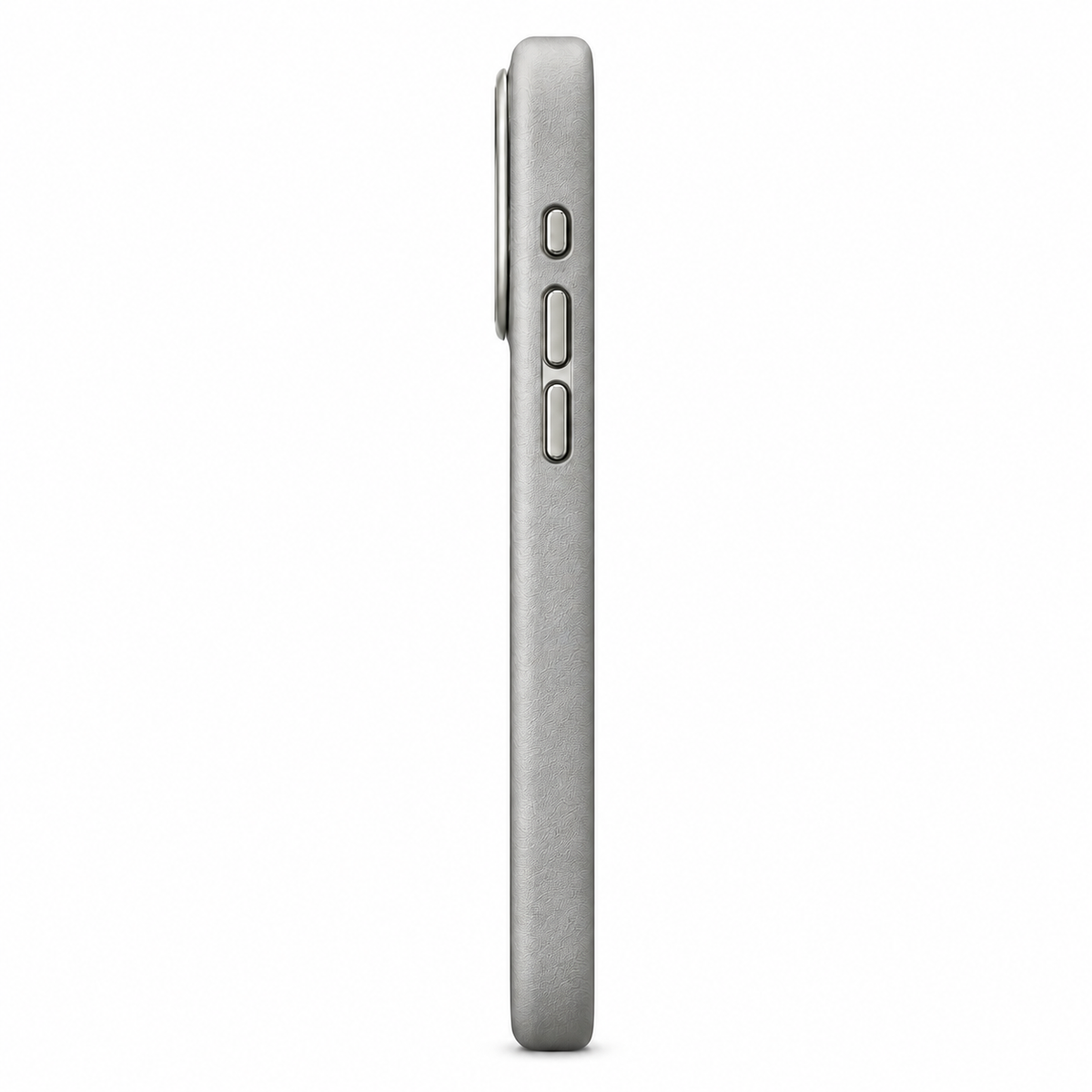 Gray Textured iPhone Case with Metallic-Tone Accents — slim side profile