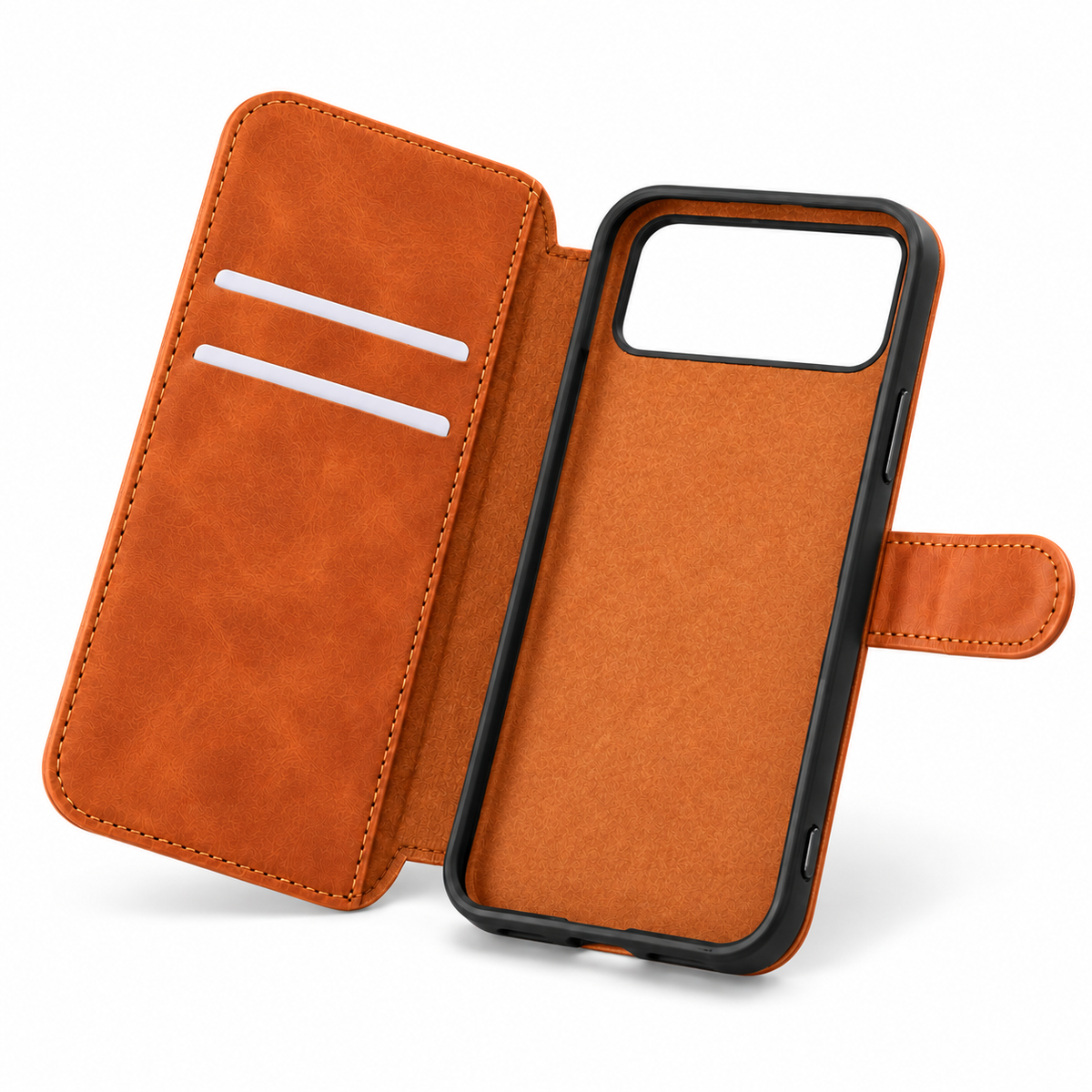 Brown Folio iPhone Case with Card Slots & Inner Pocket — Open folio at three-quarter angle showing two card slots and empty phone cradle