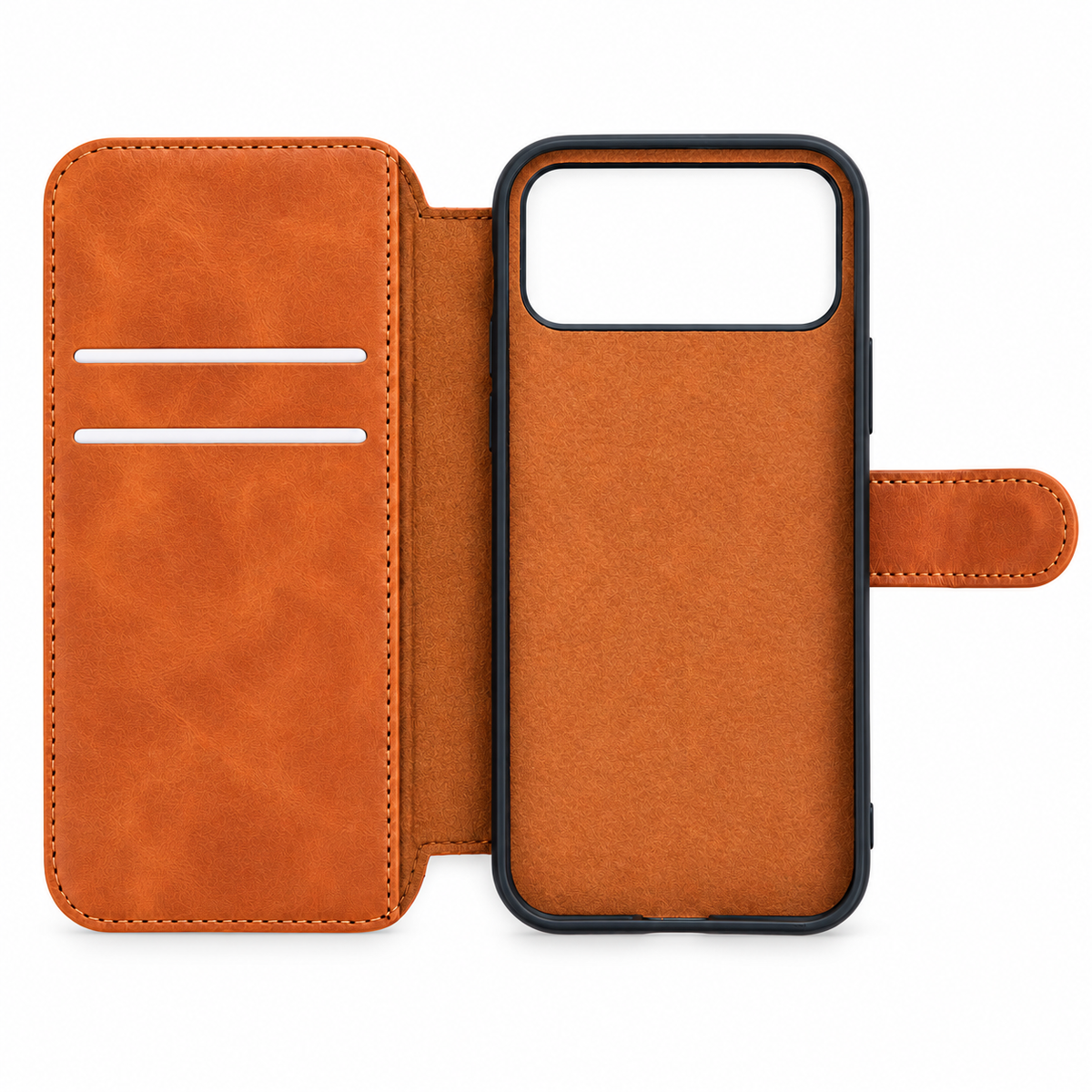 Brown Folio iPhone Case with Card Slots & Inner Pocket — Open folio straight-on interior view