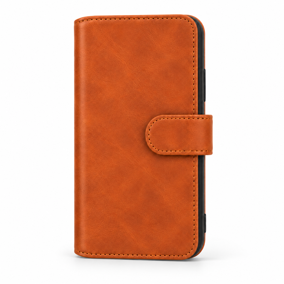 Brown Folio iPhone Case with Card Slots & Inner Pocket — Closed folio front view with closure tab