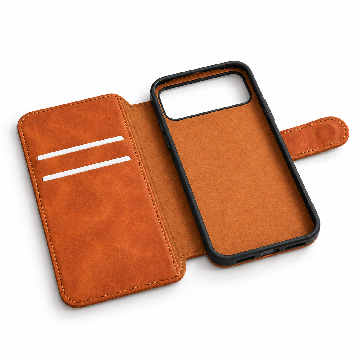 Brown Folio iPhone Case with Card Slots & Inner Pocket — Open folio diagonal view showing bottom cutouts and interior