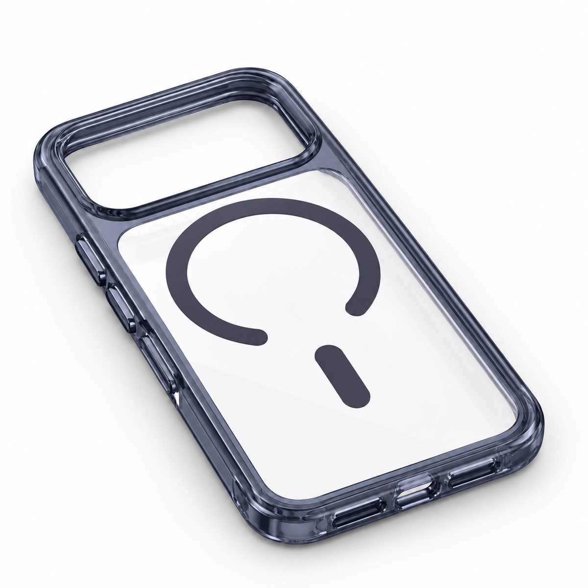 Clear Magnetic iPhone Case with Dark Contoured Edges — Diagonal back view showing bottom port openings