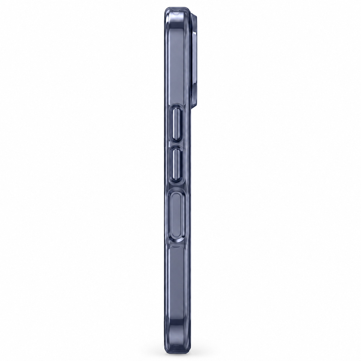 Clear Magnetic iPhone Case with Dark Contoured Edges — Side profile showing controls and raised camera rim