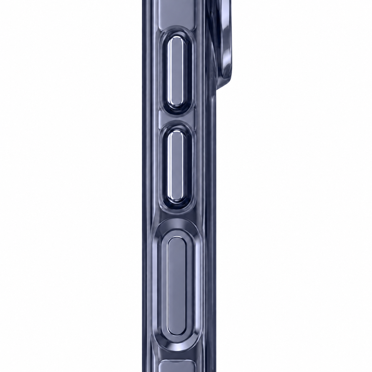 Clear Magnetic iPhone Case with Dark Contoured Edges — Close-up of molded side controls