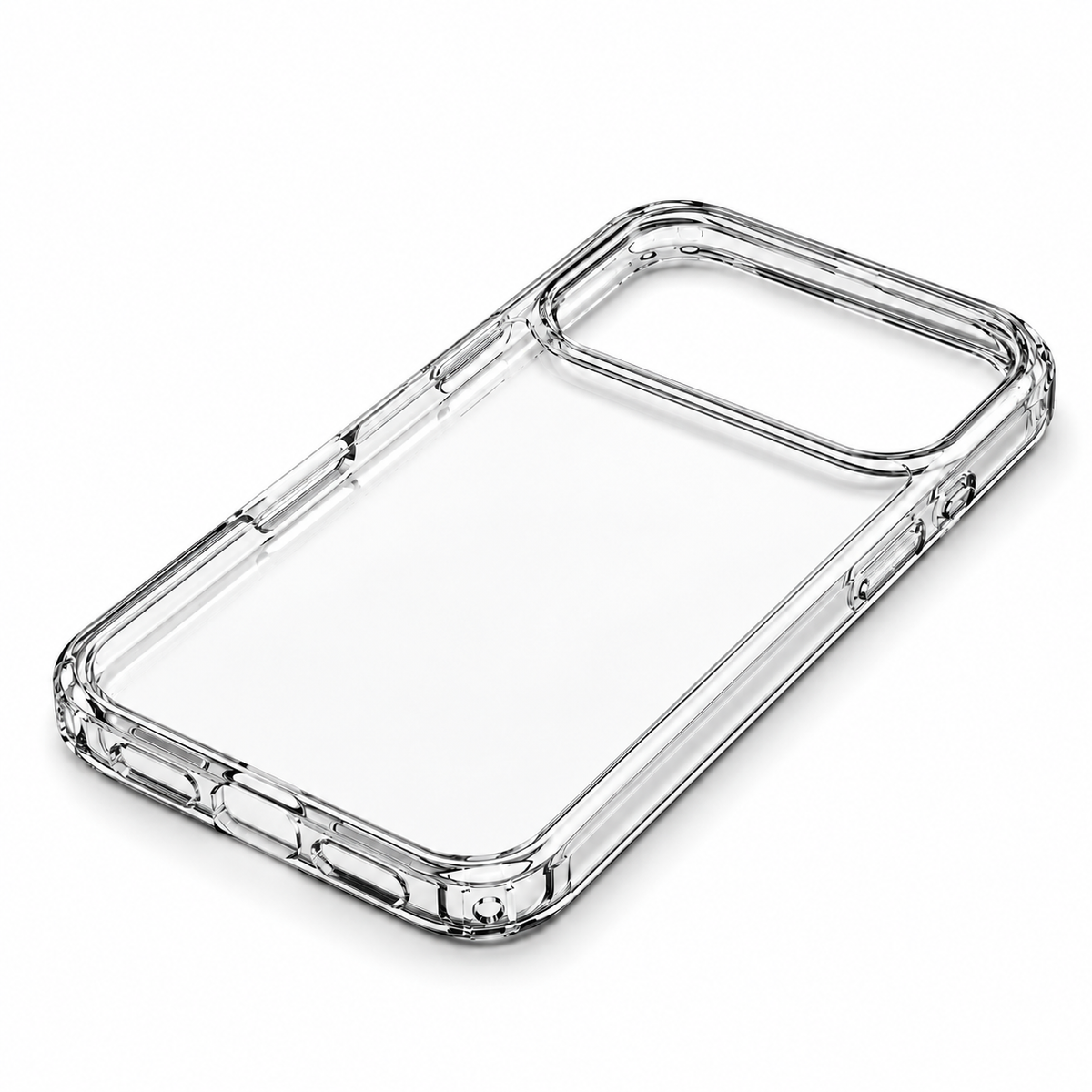 Clear Slim iPhone Case with Raised Camera Surround — flat diagonal view