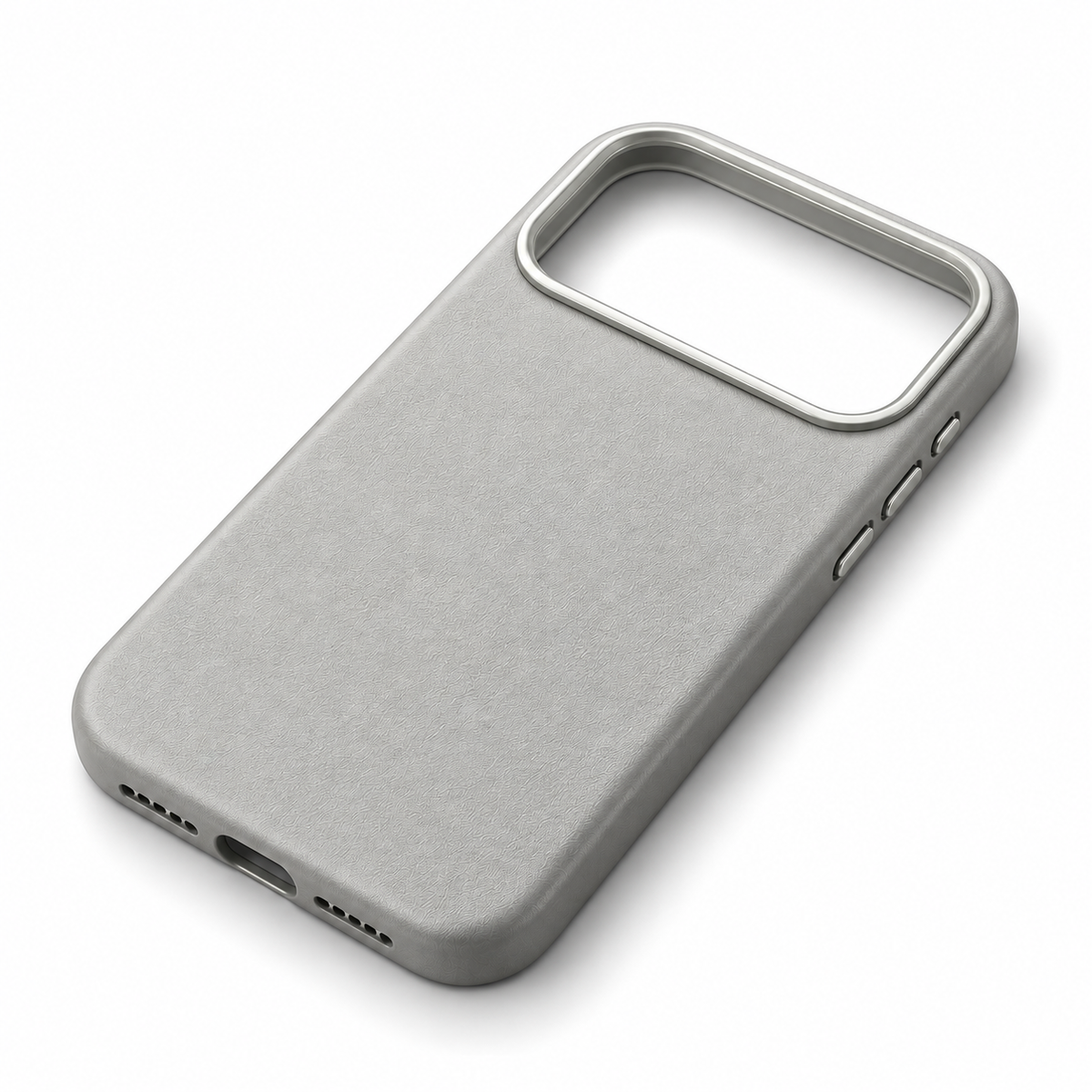 Gray Textured iPhone Case with Metallic-Tone Accents — diagonal back and port view