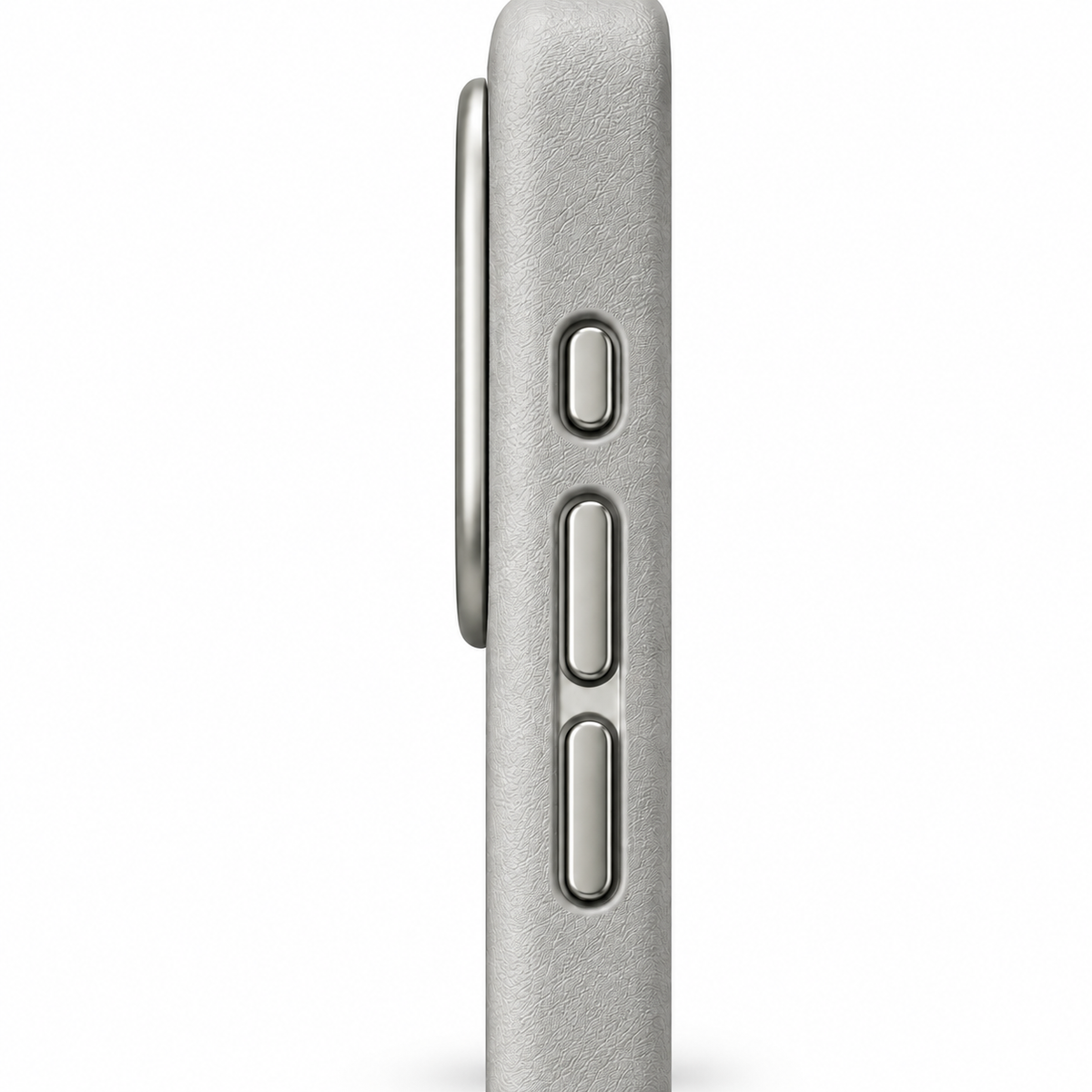 Gray Textured iPhone Case with Metallic-Tone Accents — textured edge and button detail